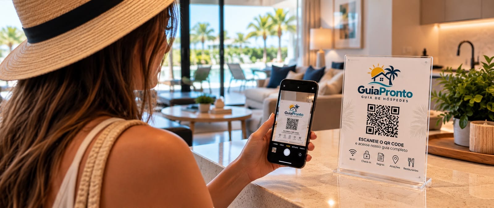 Hóspede escaneando o QR code do guia digital Guia Pronto em uma casa de temporada